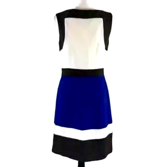 $375 MILLY Colorblock Imara Dress, Ivory, Blue, & Brown size 12 NWT - Picture 3 of 7